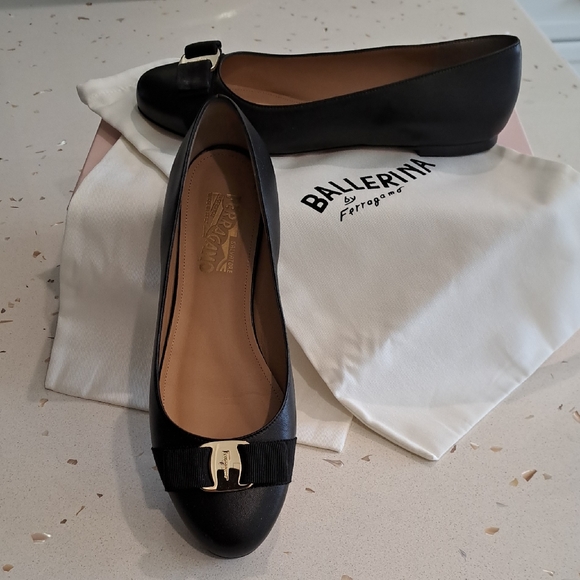 Salvatore Ferragamo Shoes - Salvatore Ferragamo Varina Black Flats with Gold Accent